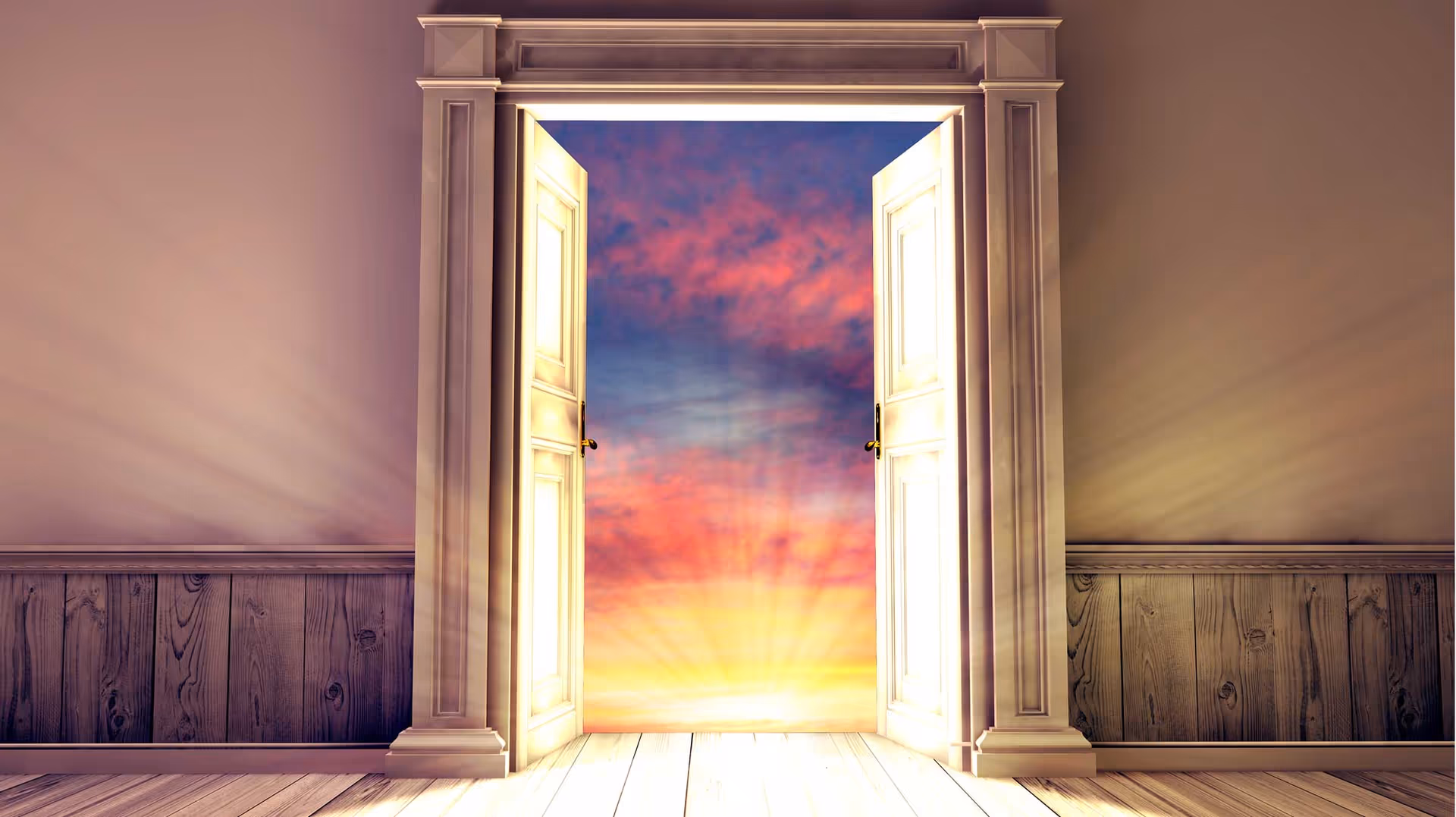 Double doors open to a vivid sunset sky beyond a softly lit interior room