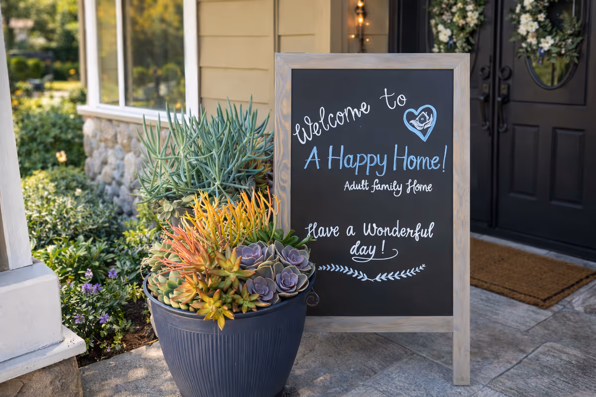 Chalkboard welcome sign by a pot of succulents at the building entrance.