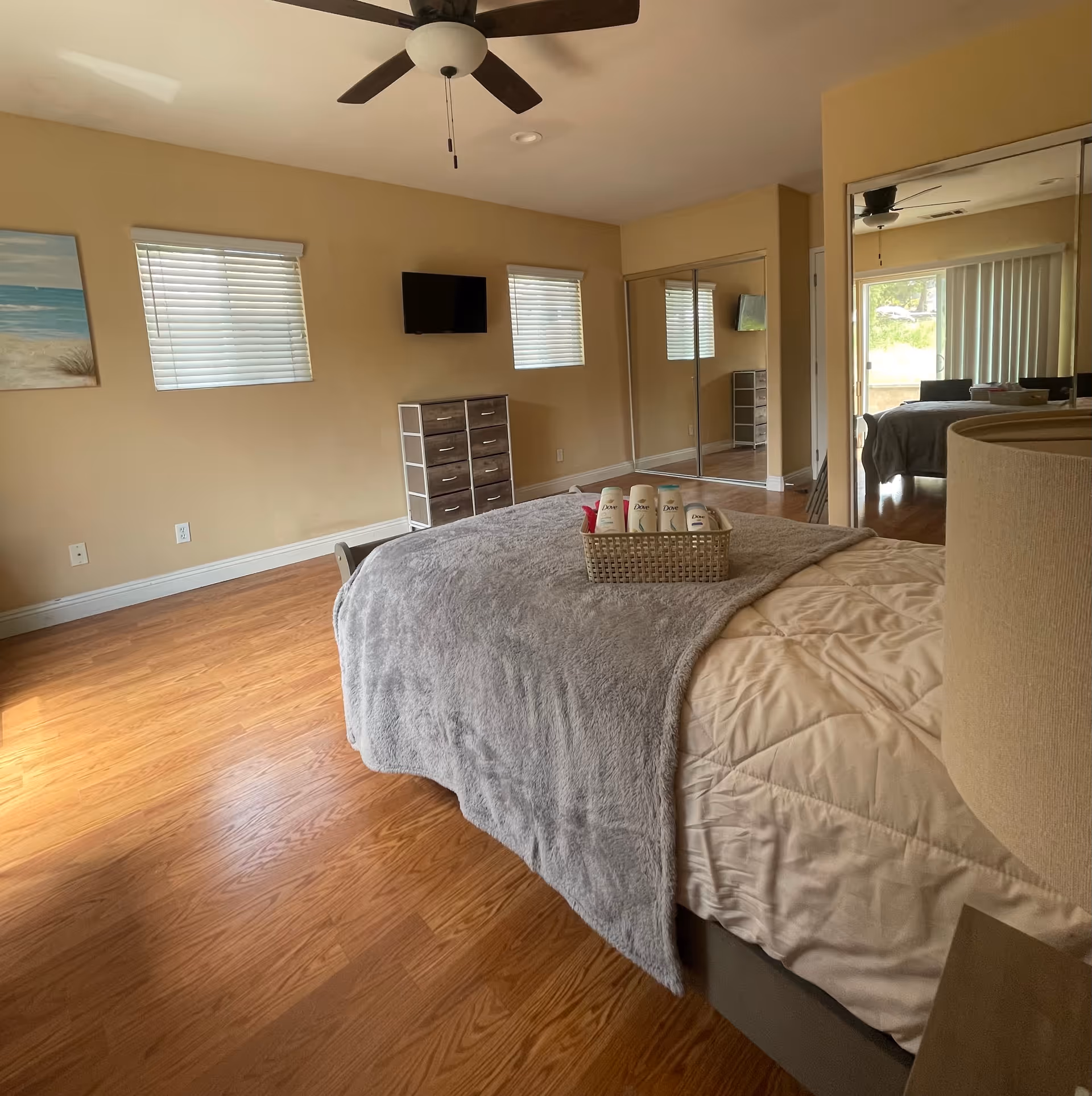 A spacious bedroom featuring a bed, dresser, wall TV, ceiling fan, and mirrored closets.