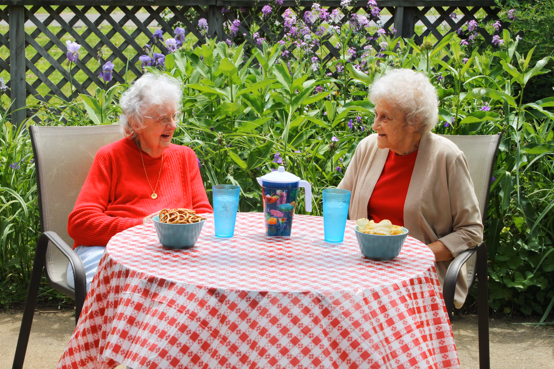 Two elderly women sitting at a round table covered with a red and white checkered tablecloth outdoors. They are engaged in conversation, with bowls of pretzels and potato chips on the table, along with two blue drinking glasses and a colorful pitcher. Behind them is a wooden lattice fence with green plants and purple flowers.
