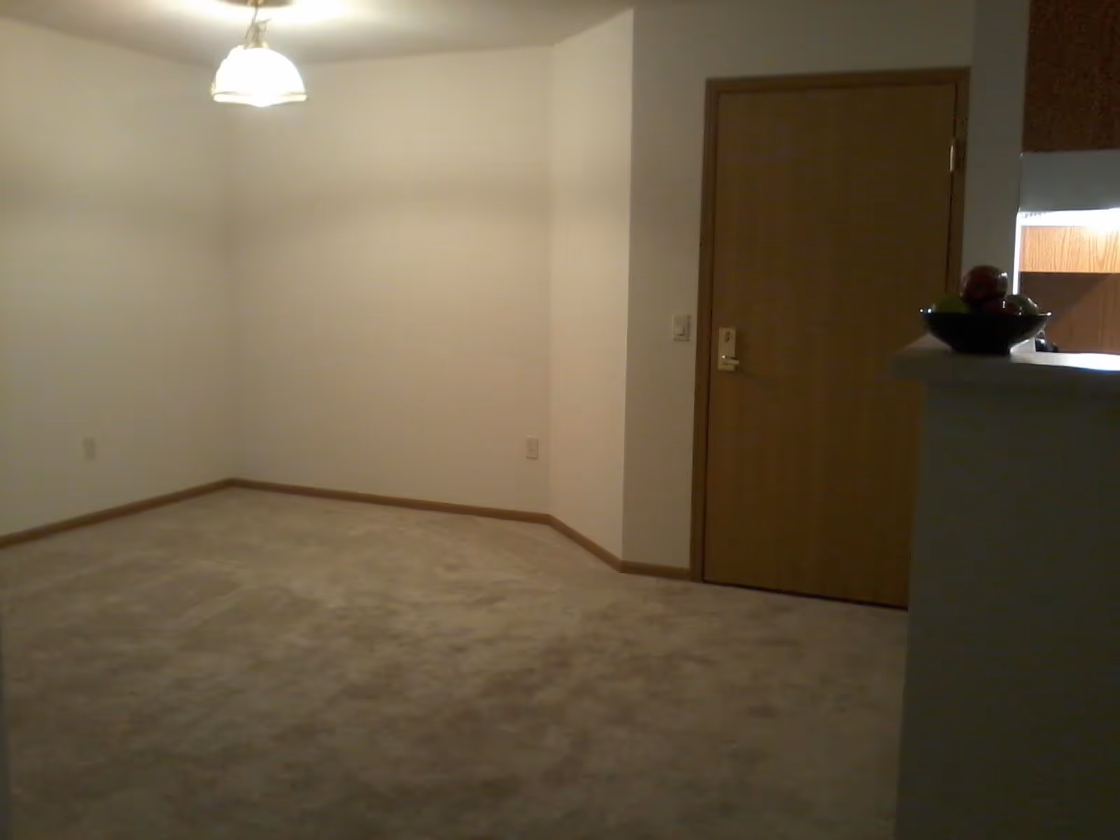 Empty carpeted living room area with a ceiling light, an entry door, and a kitchen pass-through with a bowl of fruit.