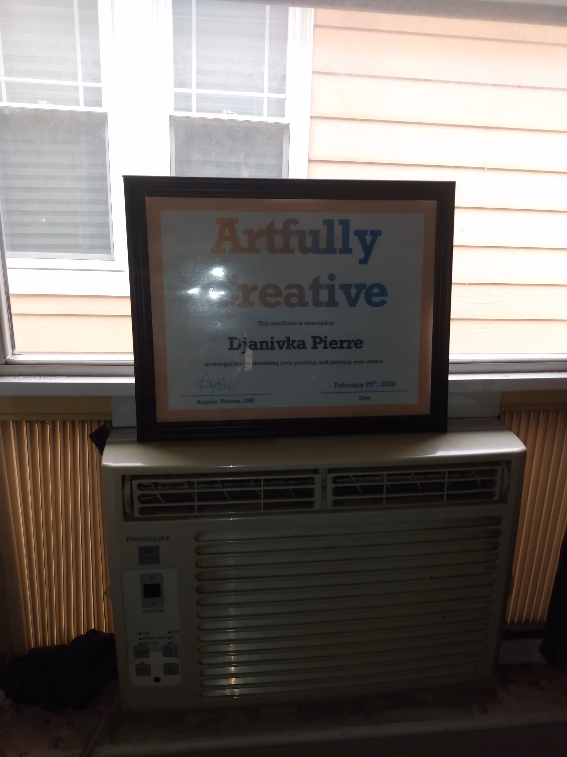 Framed certificate sits on a window air conditioner inside a sunlit room.