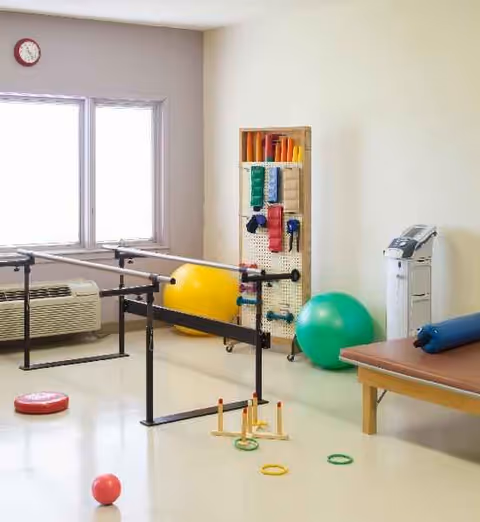 Interior rehabilitation room with parallel bars, large exercise balls, and therapy equipment.
