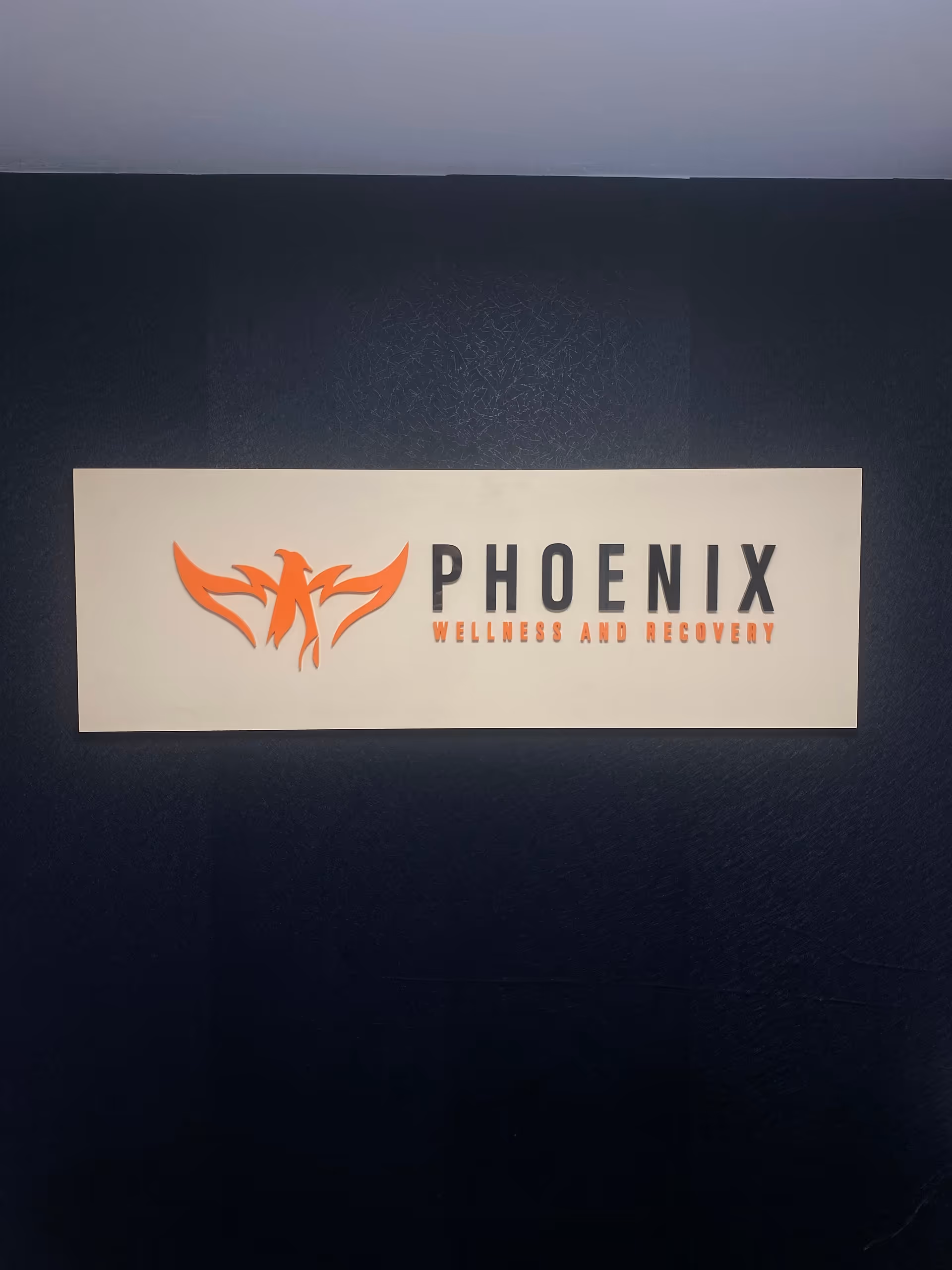 A white Phoenix Wellness and Recovery sign mounted on a dark interior wall.