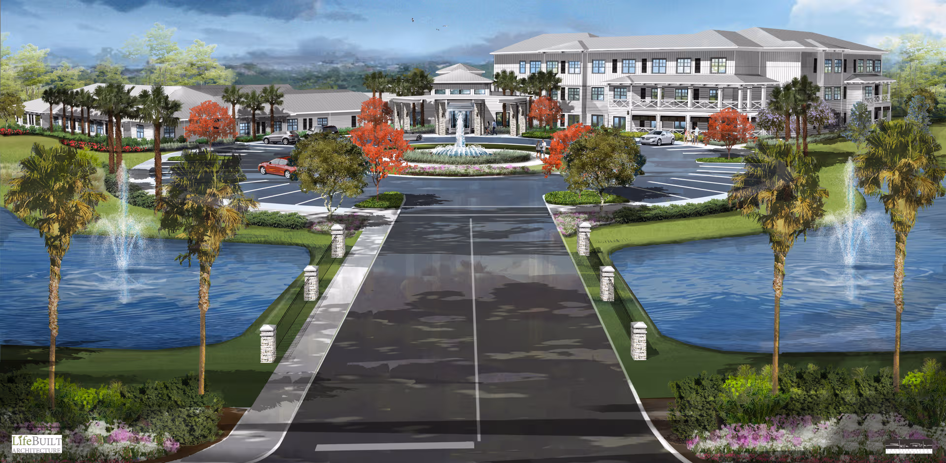 Architectural rendering of Watercrest Santa Rosa Beach exterior with entrance, fountain, palms, and landscaping.