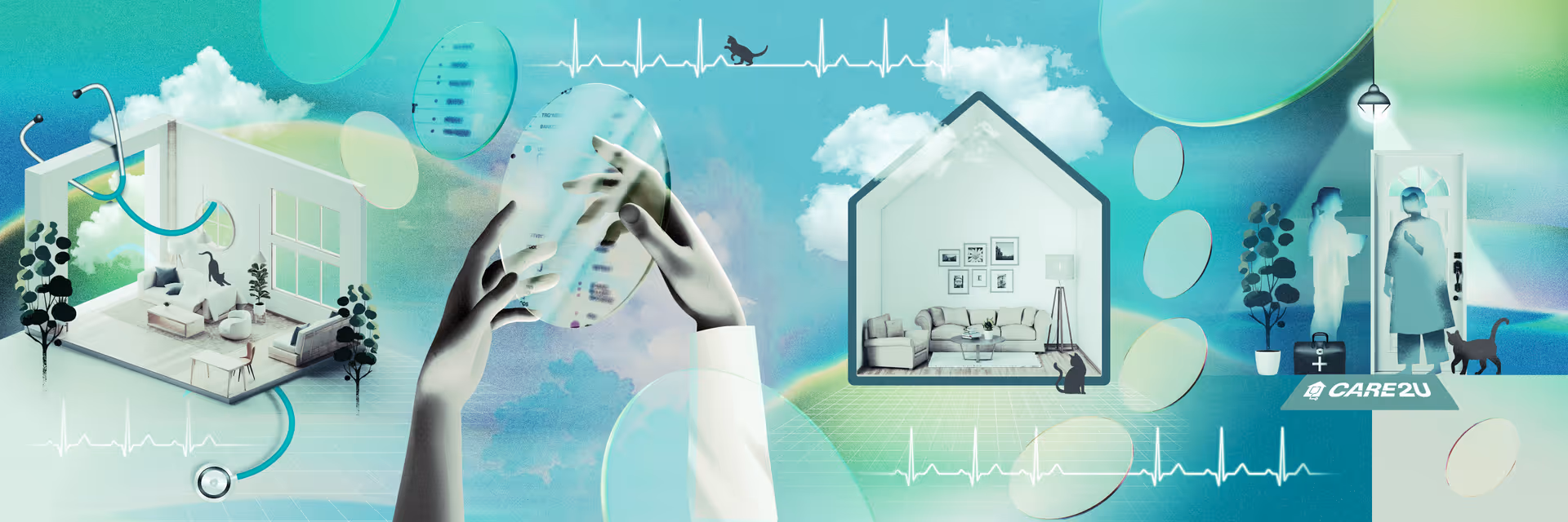 Stylized illustration of care facility interiors showing living rooms and medical overlays.