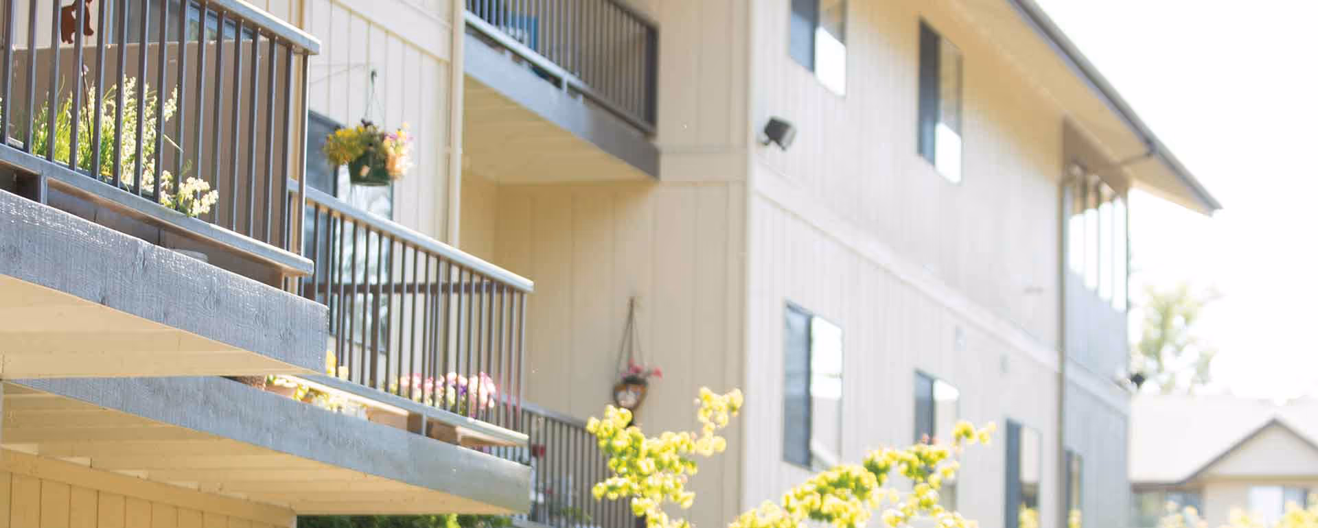 Exterior view of a multi-story residential building with balconies featuring railings and potted plants, surrounded by trees and greenery under a clear sky.