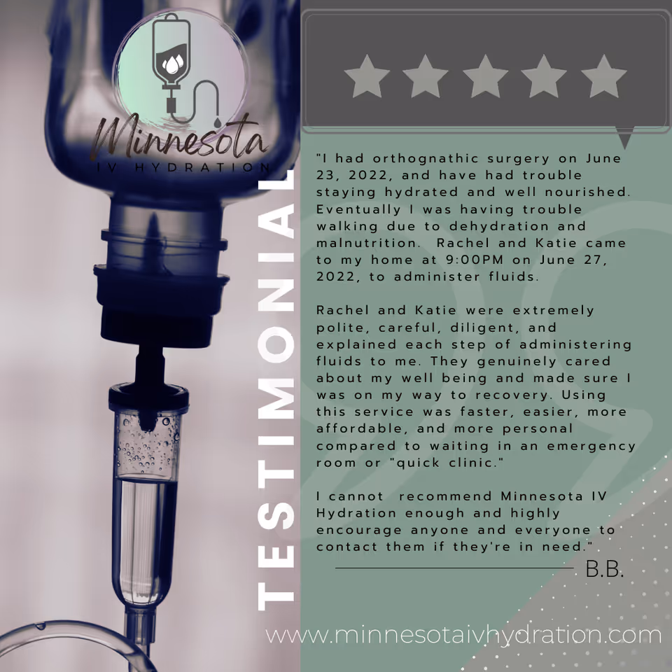 Close-up of an IV drip bag with Minnesota IV Hydration logo and testimonial panel.
