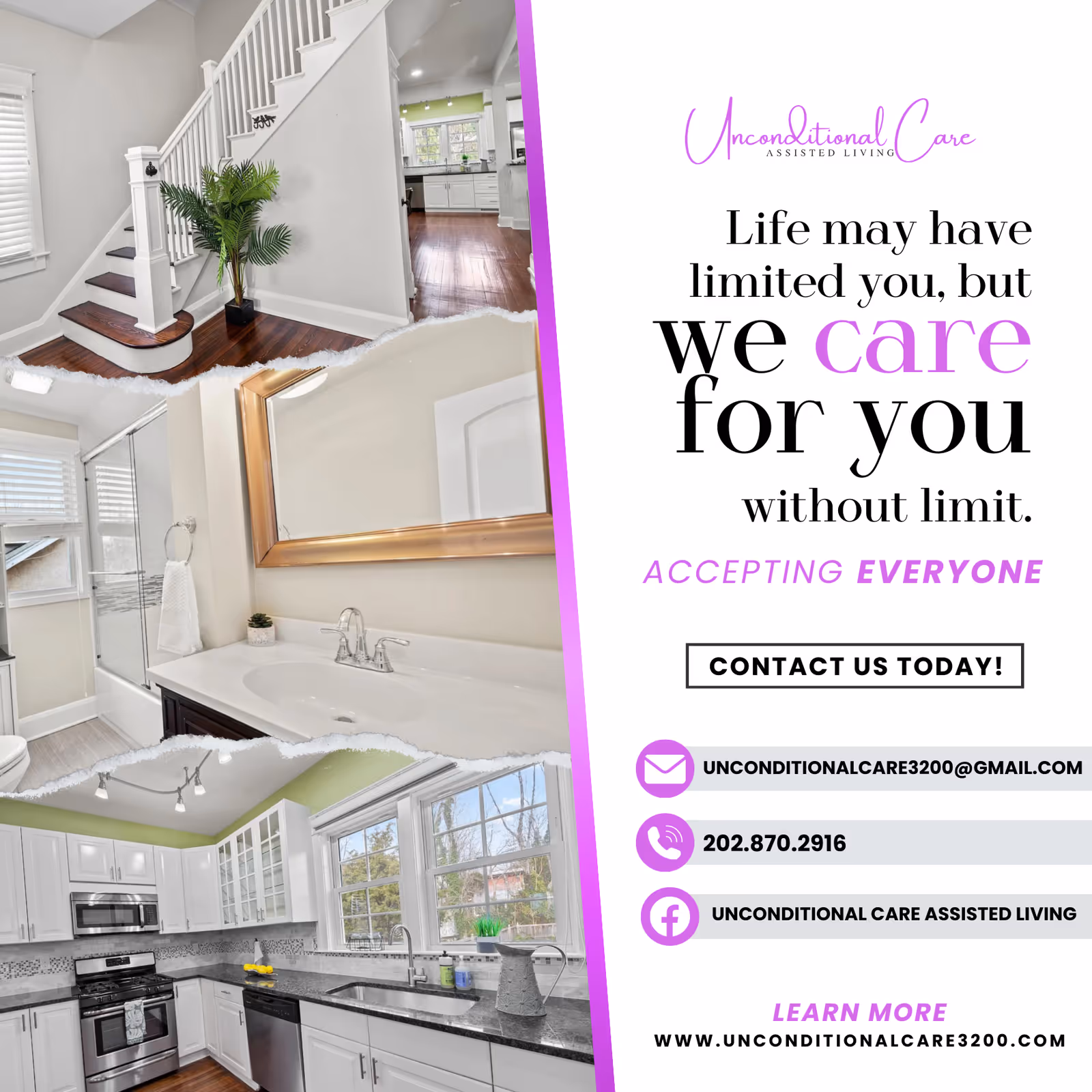 Interior collage showing staircase, bathroom, and kitchen beside promotional text.