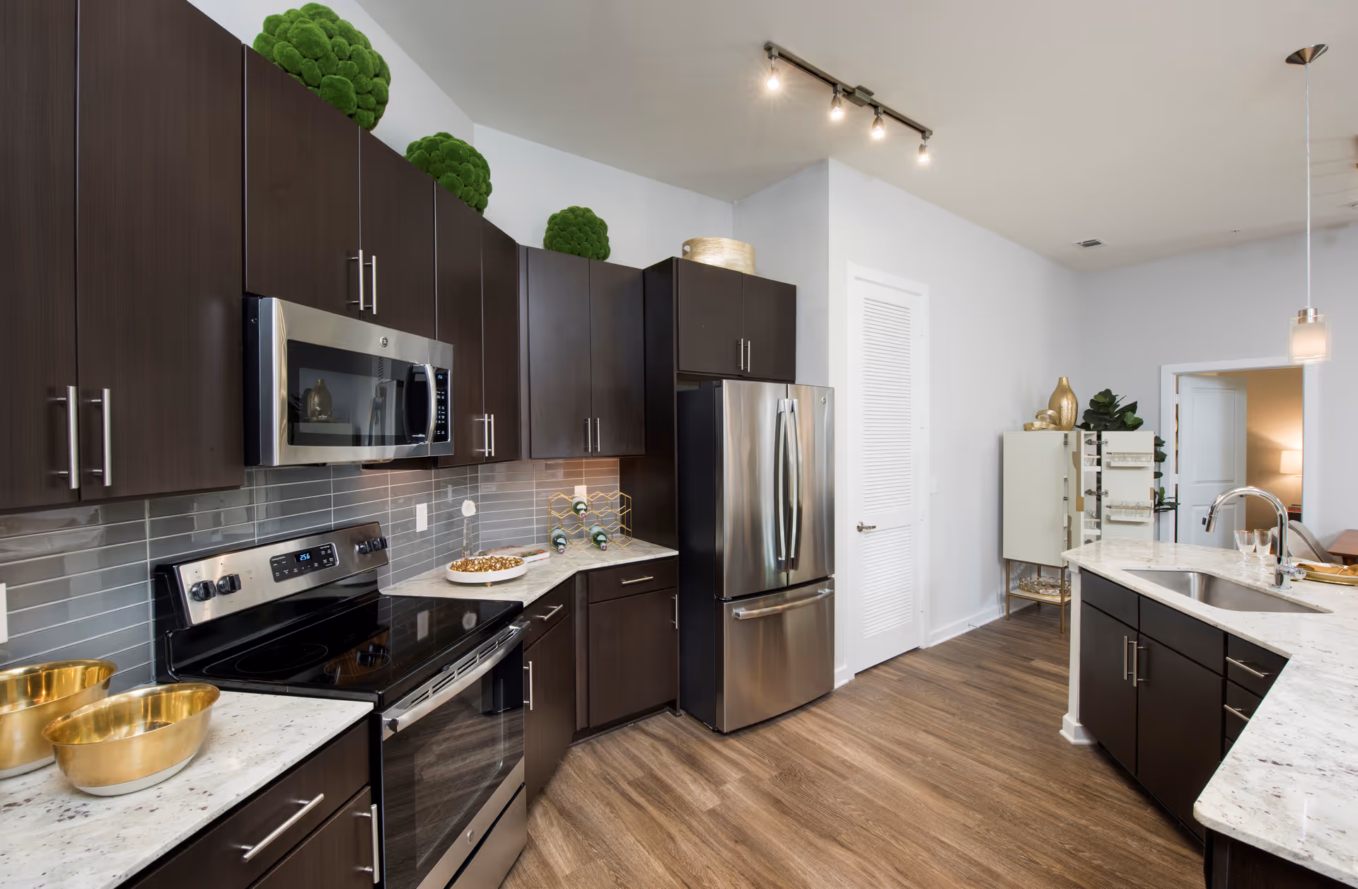 Modern kitchen with dark cabinets, stainless appliances, island, and decorative greenery.