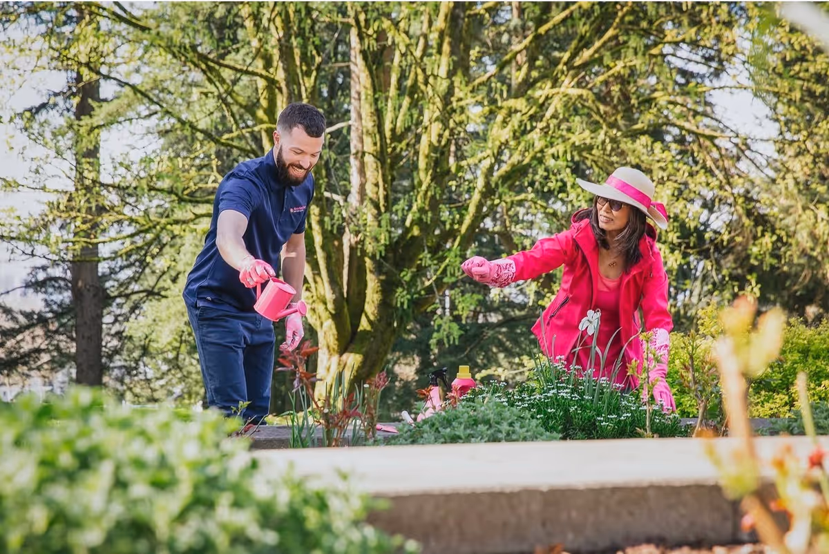 Two people gardening outdoors in a sunny garden.