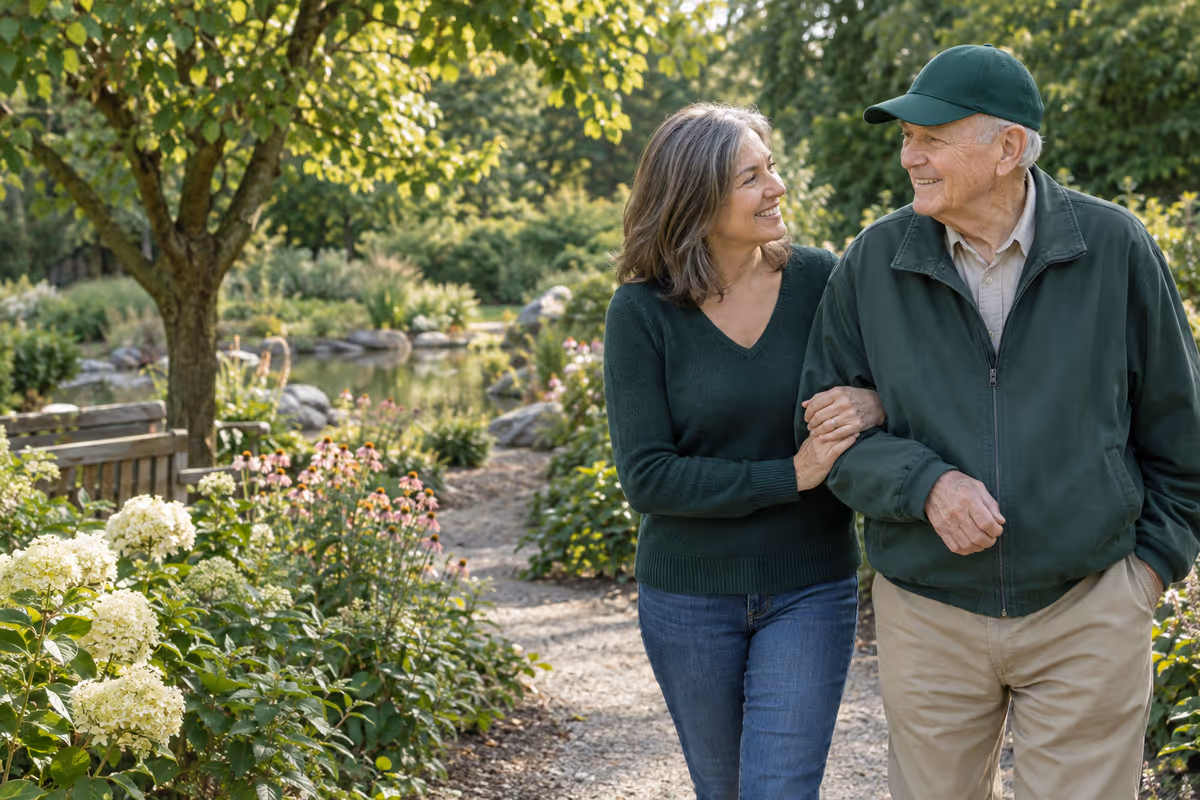 An adult daughter walks arm in arm with her father, a veteran, along a garden path
