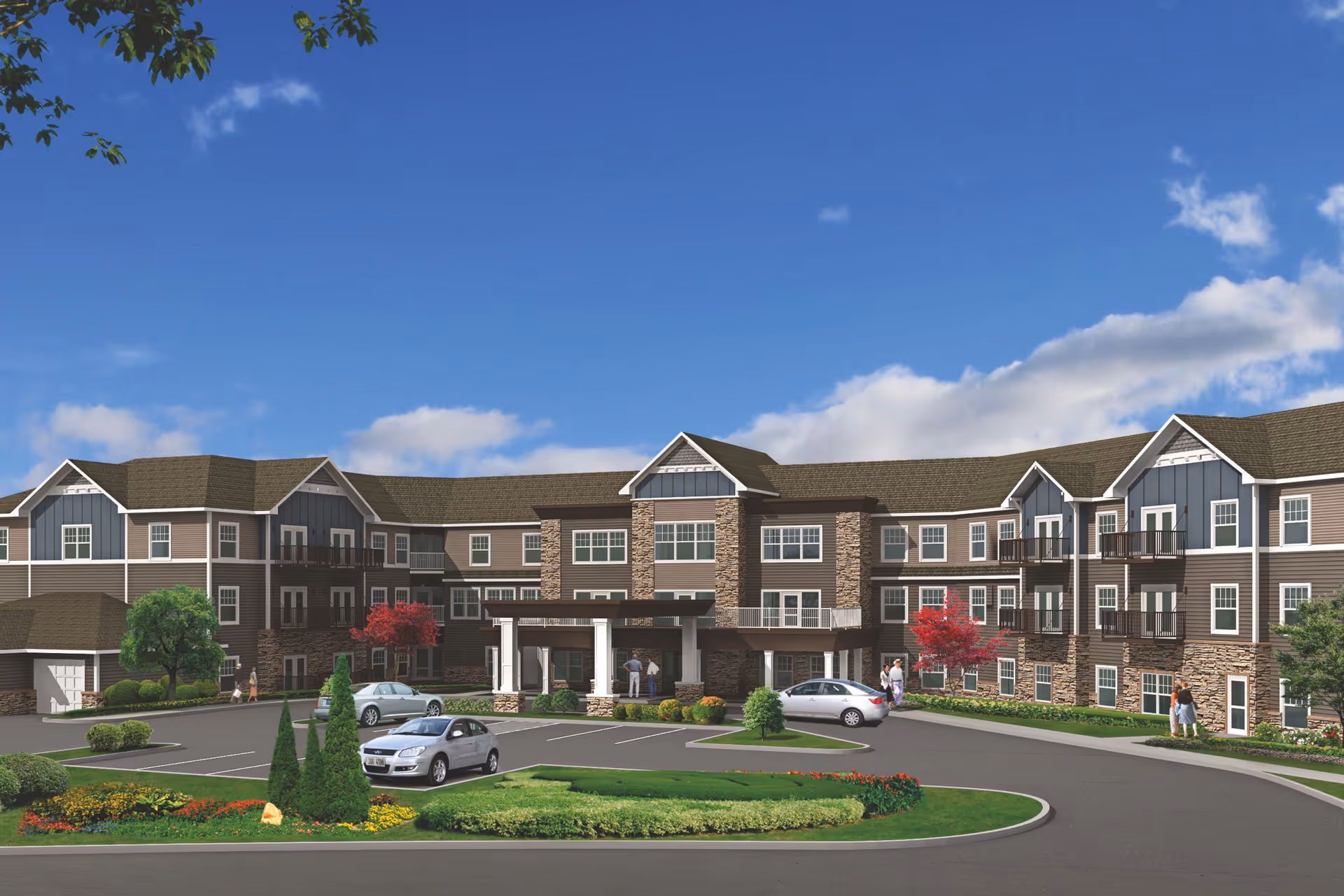 Front exterior view of Fremont Village Senior Living with parking and landscaped grounds.