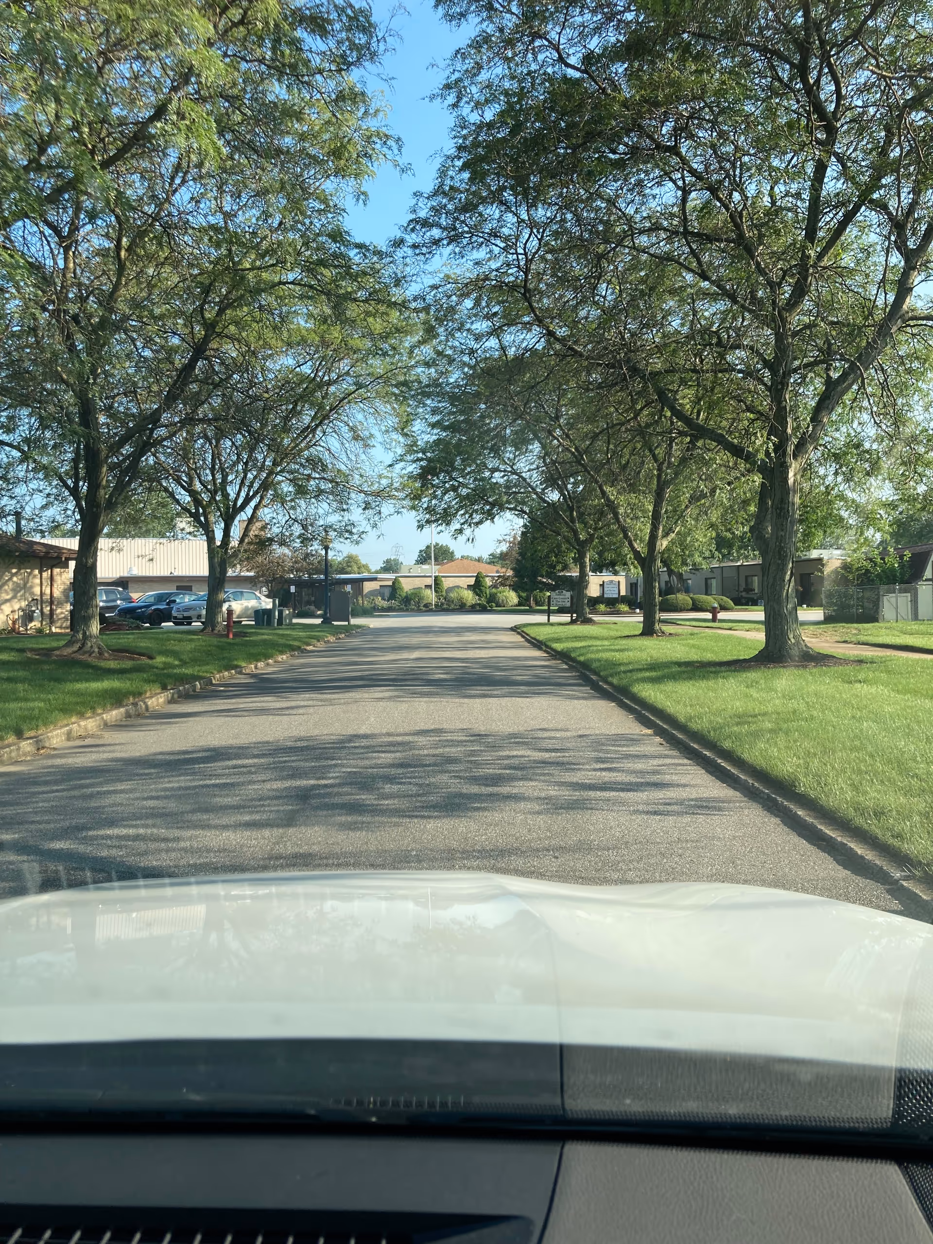 From inside a car, a tree-lined street leads to a senior living campus with buildings.