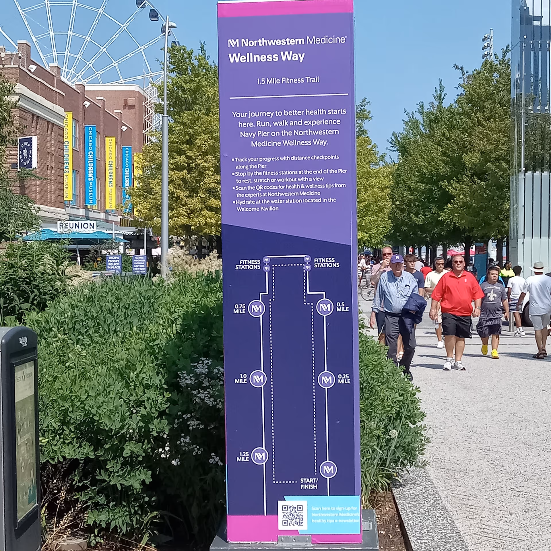 A tall purple information sign with a map stands along a crowded outdoor walkway
