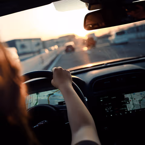 A hand grips a car steering wheel during sunset inside the vehicle.