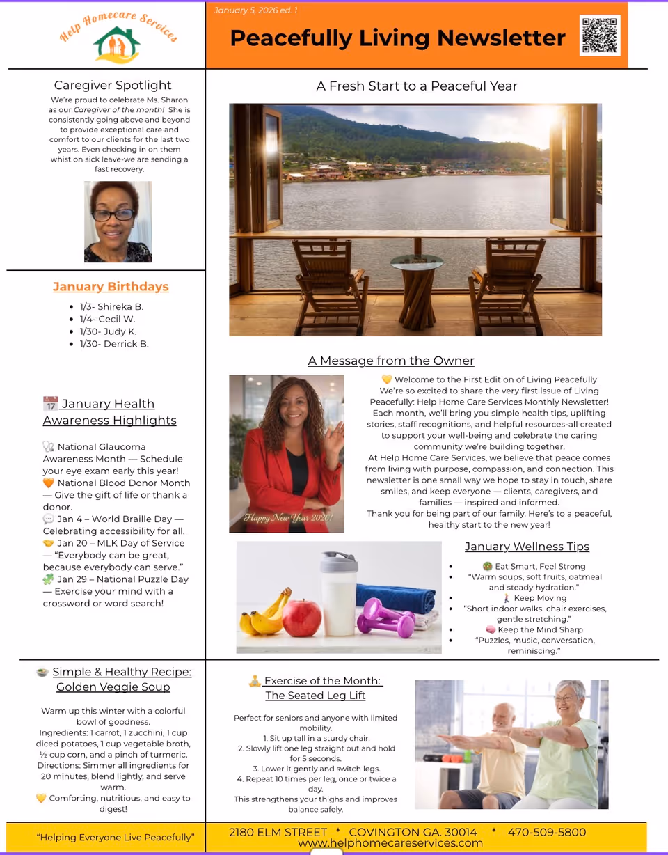 Newsletter page showing a waterfront balcony with two chairs, plus a caregiver spotlight on the left.