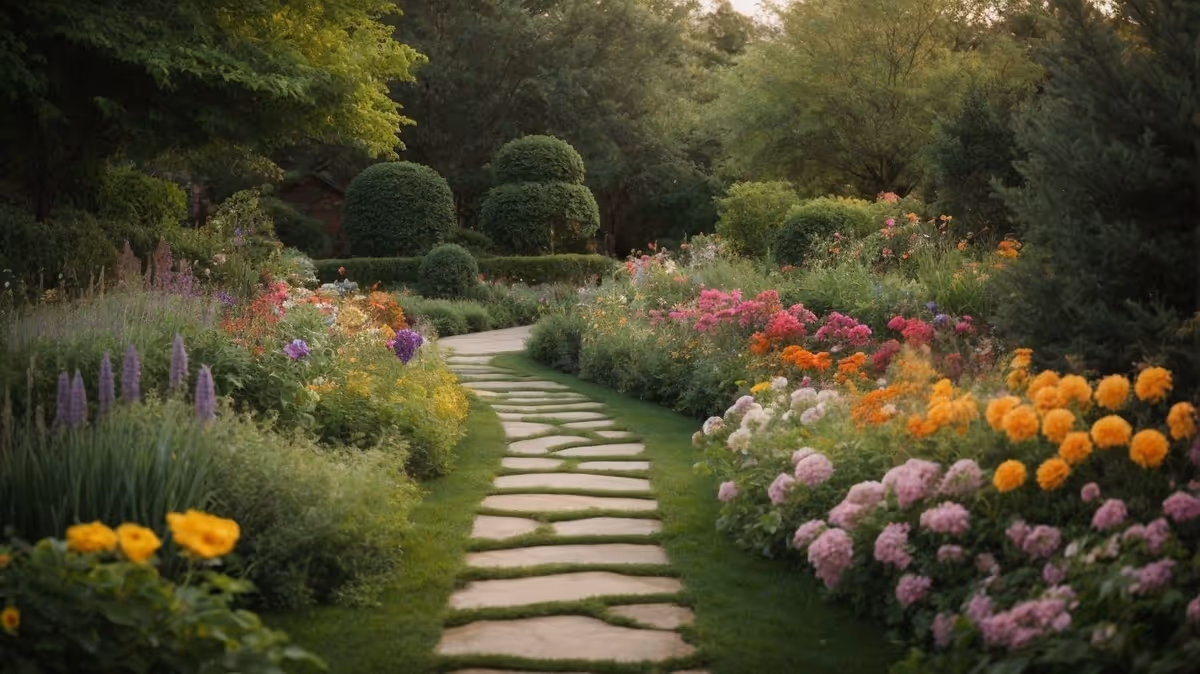 Stone pathway winds through a lush, flowering garden outdoors.
