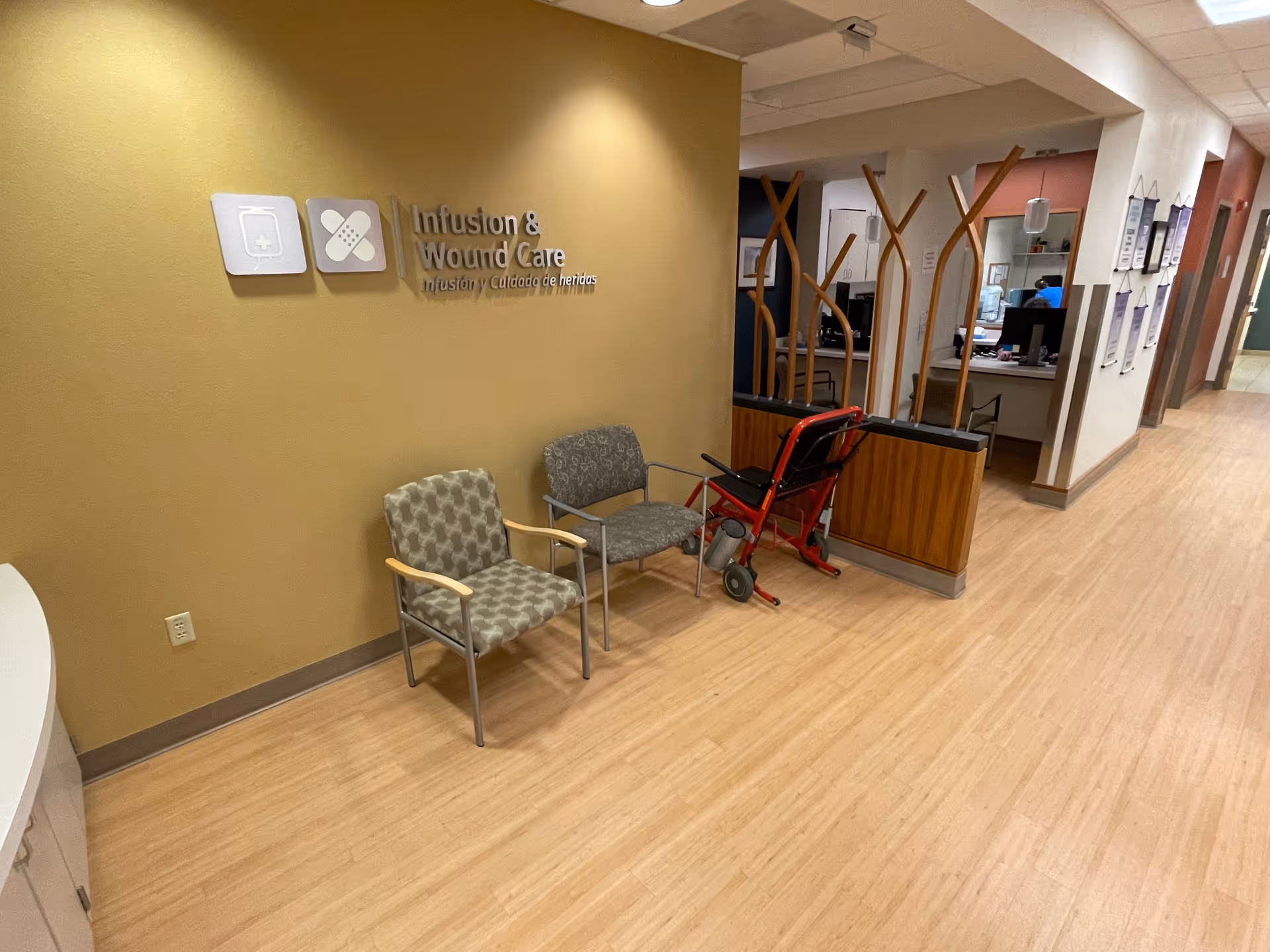 Interior hallway of Salem Health Advanced Wound Center with waiting chairs and reception desk visible.
