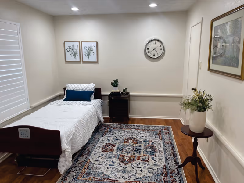 A compact bedroom with a single bed, nightstand, clock, plants, and a patterned rug.