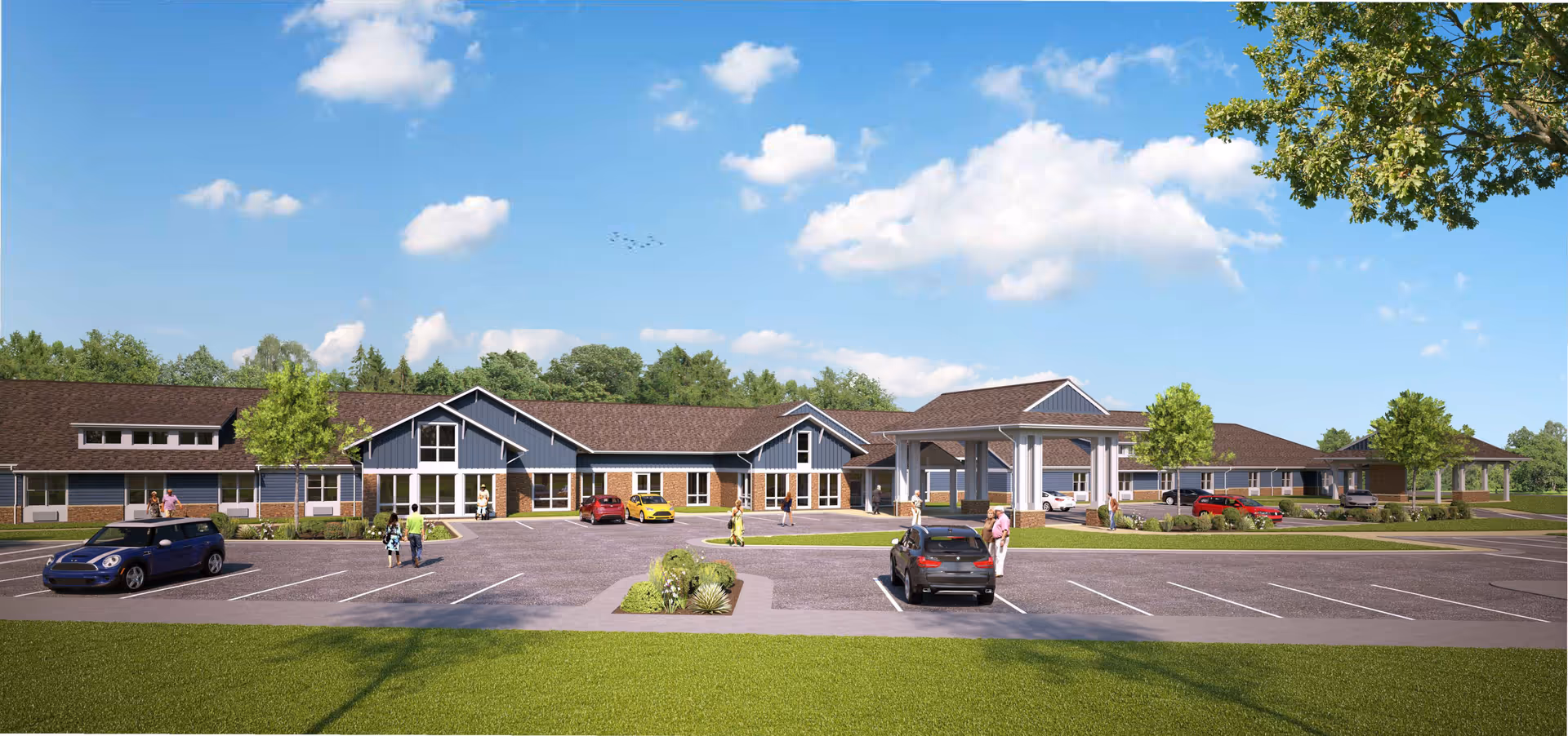 Exterior view of English Meadows Harrisonburg Campus with parking lot and entrance.