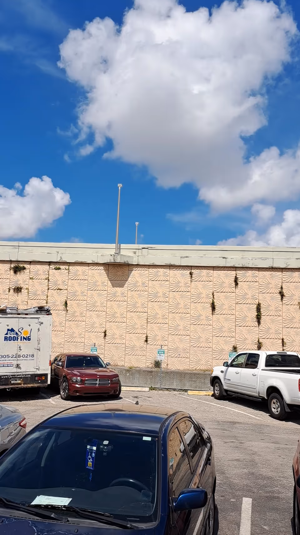 Outdoor parking lot with several cars beside a peach-patterned wall under a cloudy blue sky.