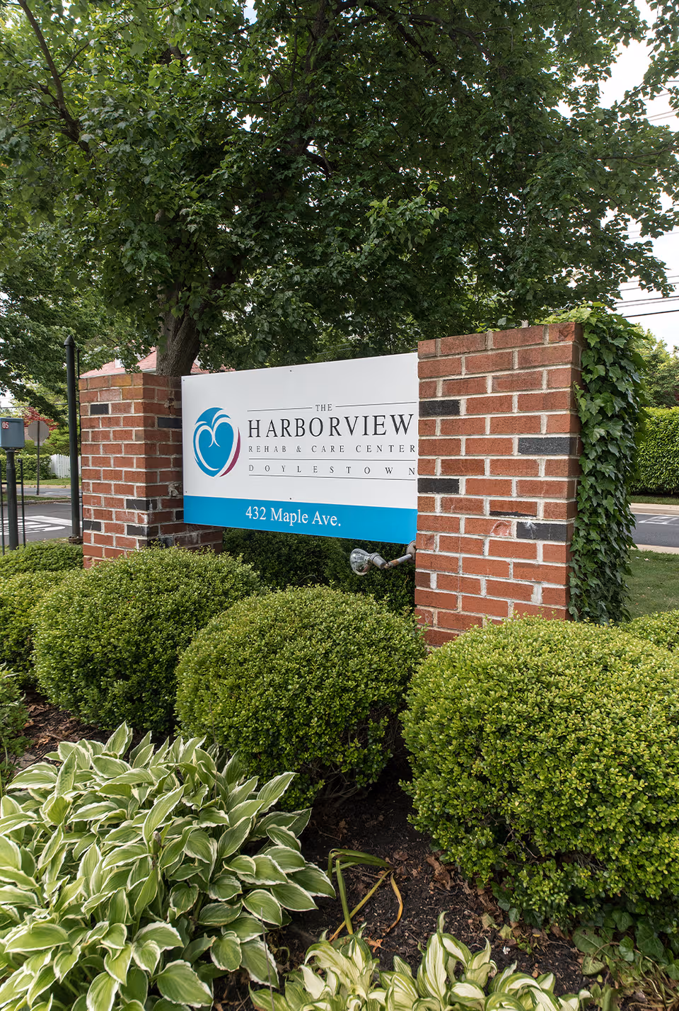 Brick entrance sign for Harborview Rehab & Care Center in Doylestown, surrounded by shrubs.