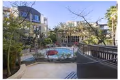 Outdoor pool area with lounge chairs and palm trees beside a luxury senior apartment building.