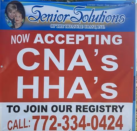 Outdoor sign/banner for Senior Solutions of the Treasure Coast advertising CNA/HHA registry with phone number.