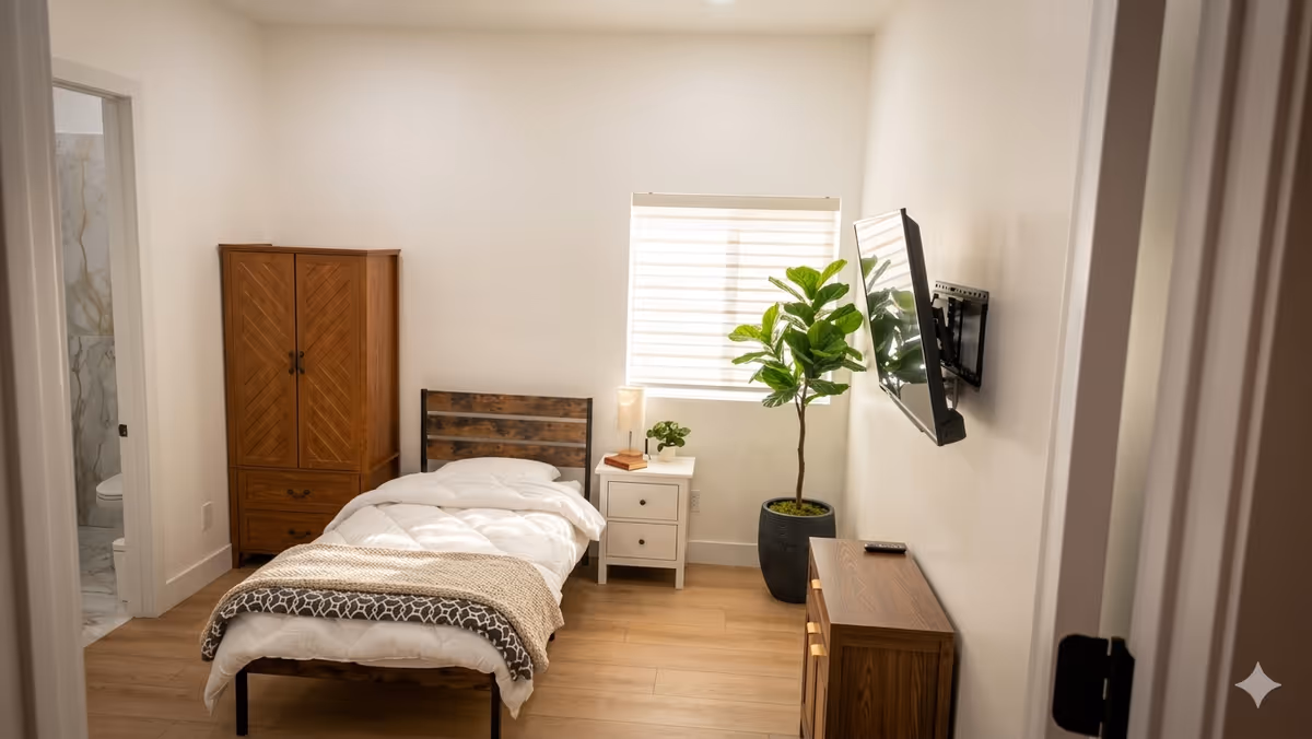 Small bedroom with a single bed, wardrobe, nightstand, plant, wall-mounted TV, and wooden cabinet.