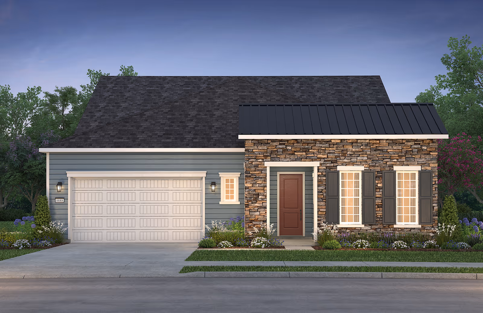 Front view of the Threeoaks senior living facility, featuring stone facade and attached garage.