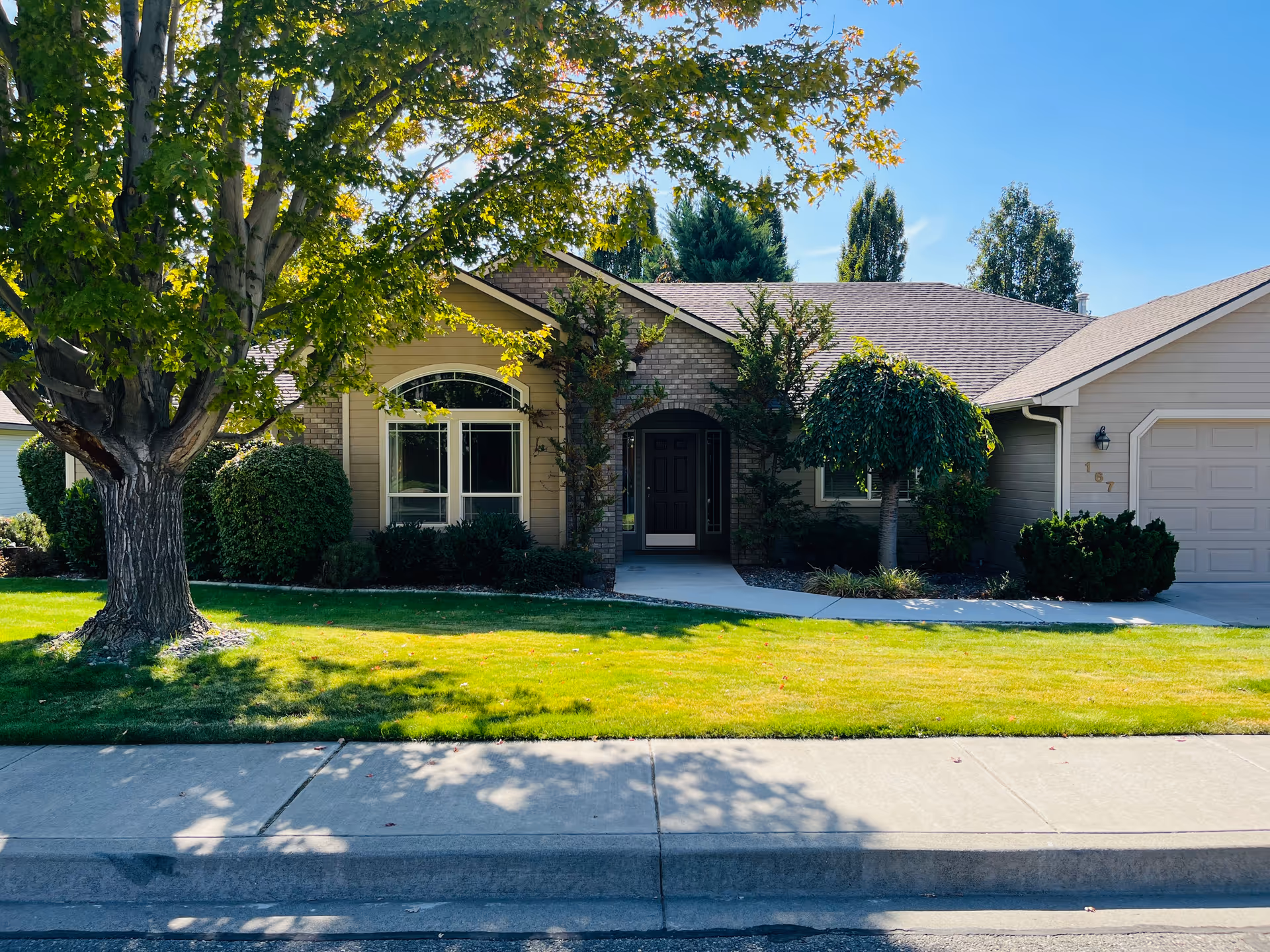 Single-story suburban home with arched window, front door, and a well-kept lawn.