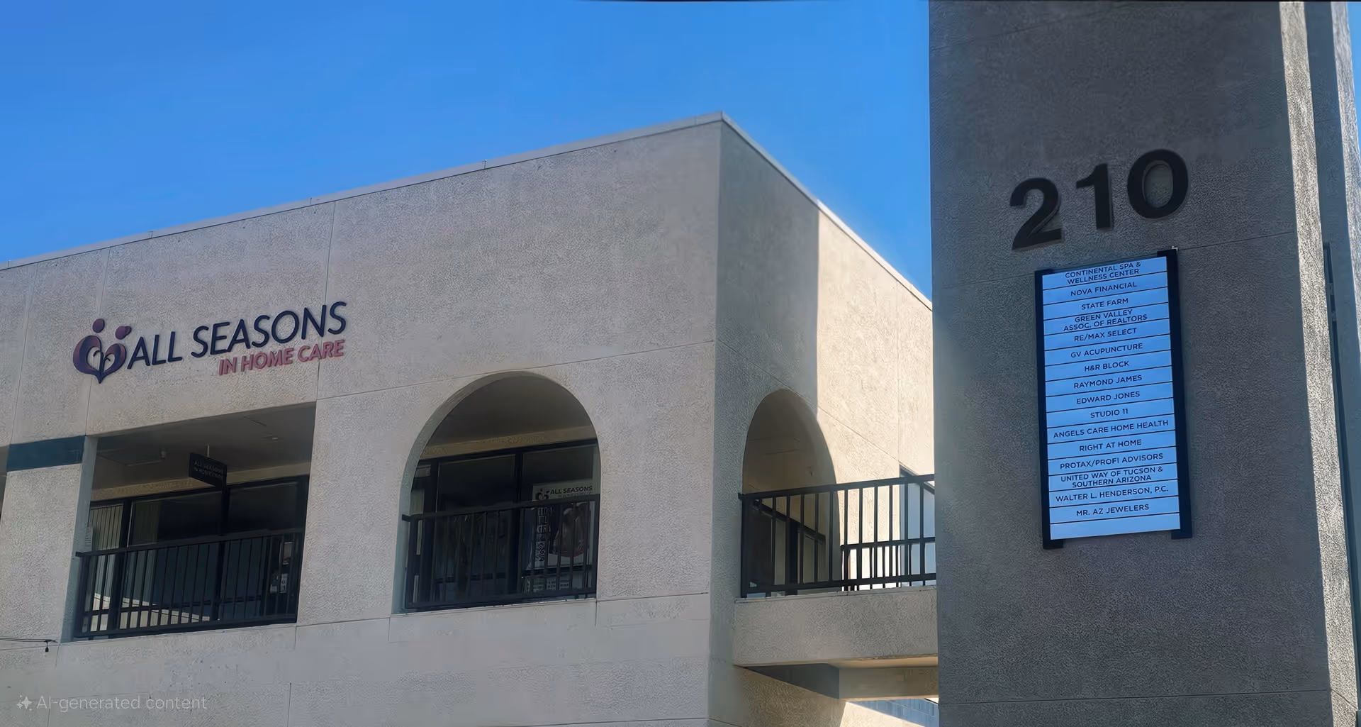 Exterior view of a building with All Seasons In Home Care signage and address 210