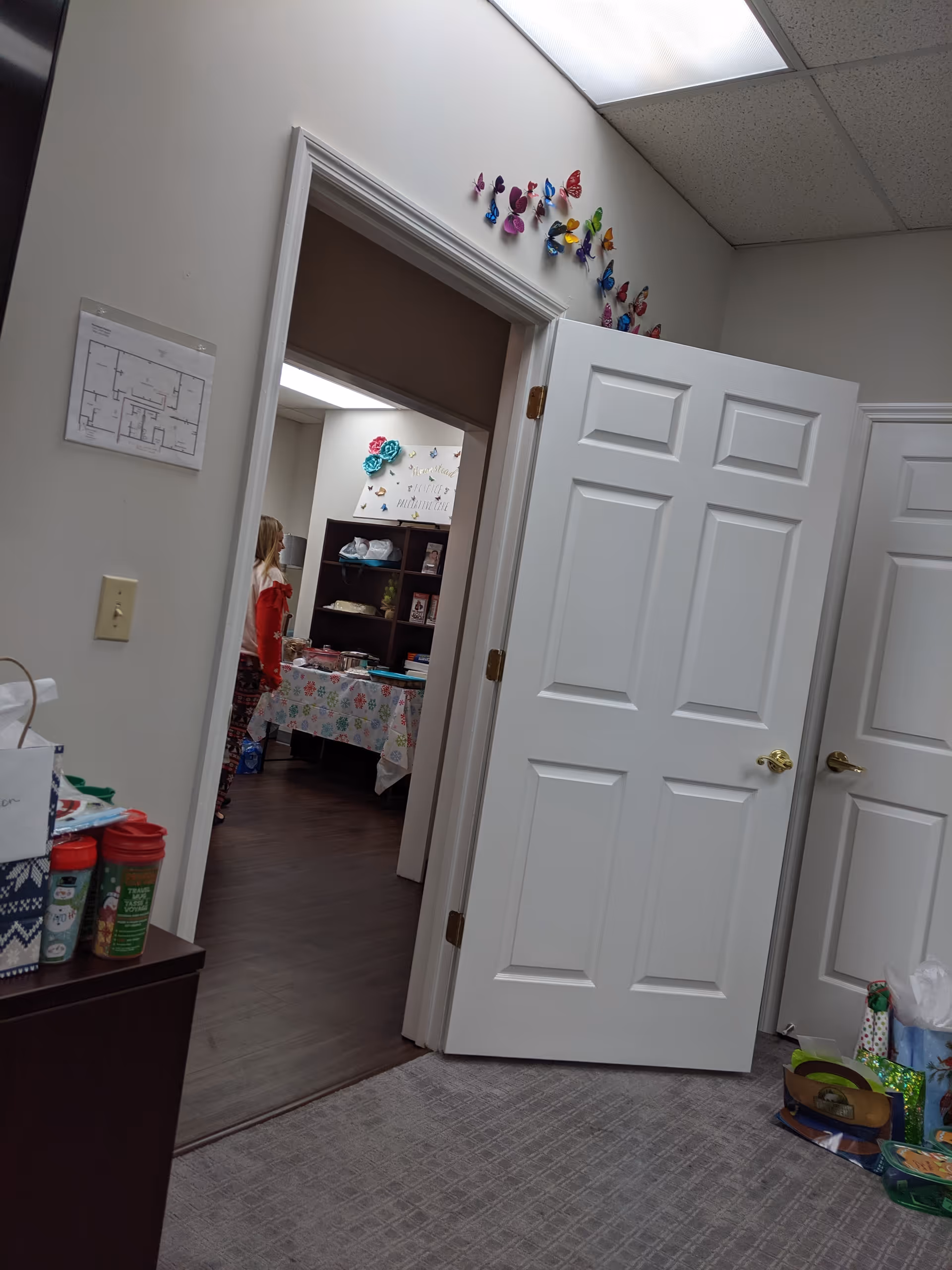 Interior hallway with open door to a craft room, butterfly decor, and shelves.