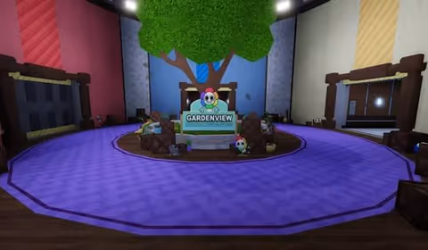 A circular purple carpet surrounds a central display with a tree backdrop and Gardenview sign.