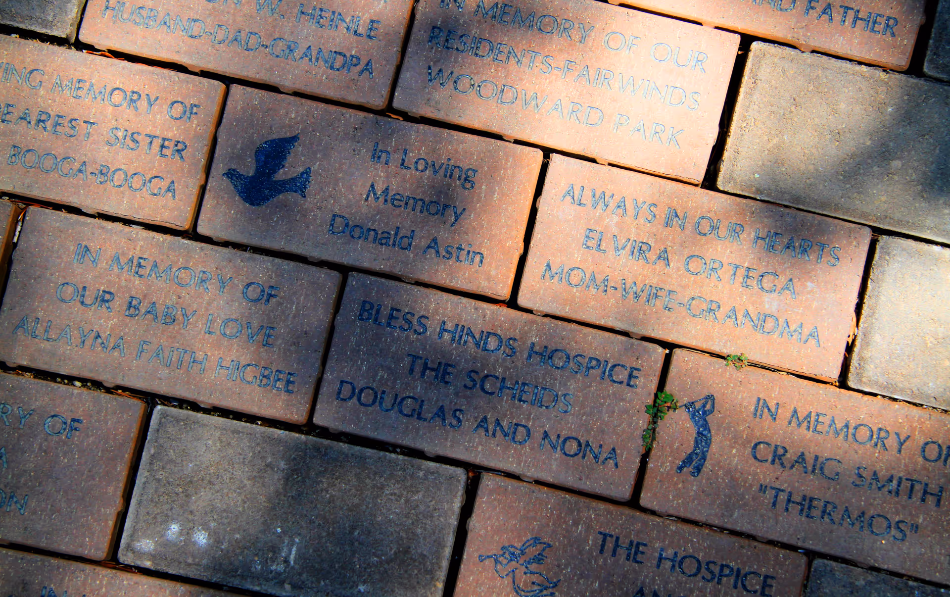 Rows of engraved memorial bricks line an exterior walkway at Hinds Hospice.