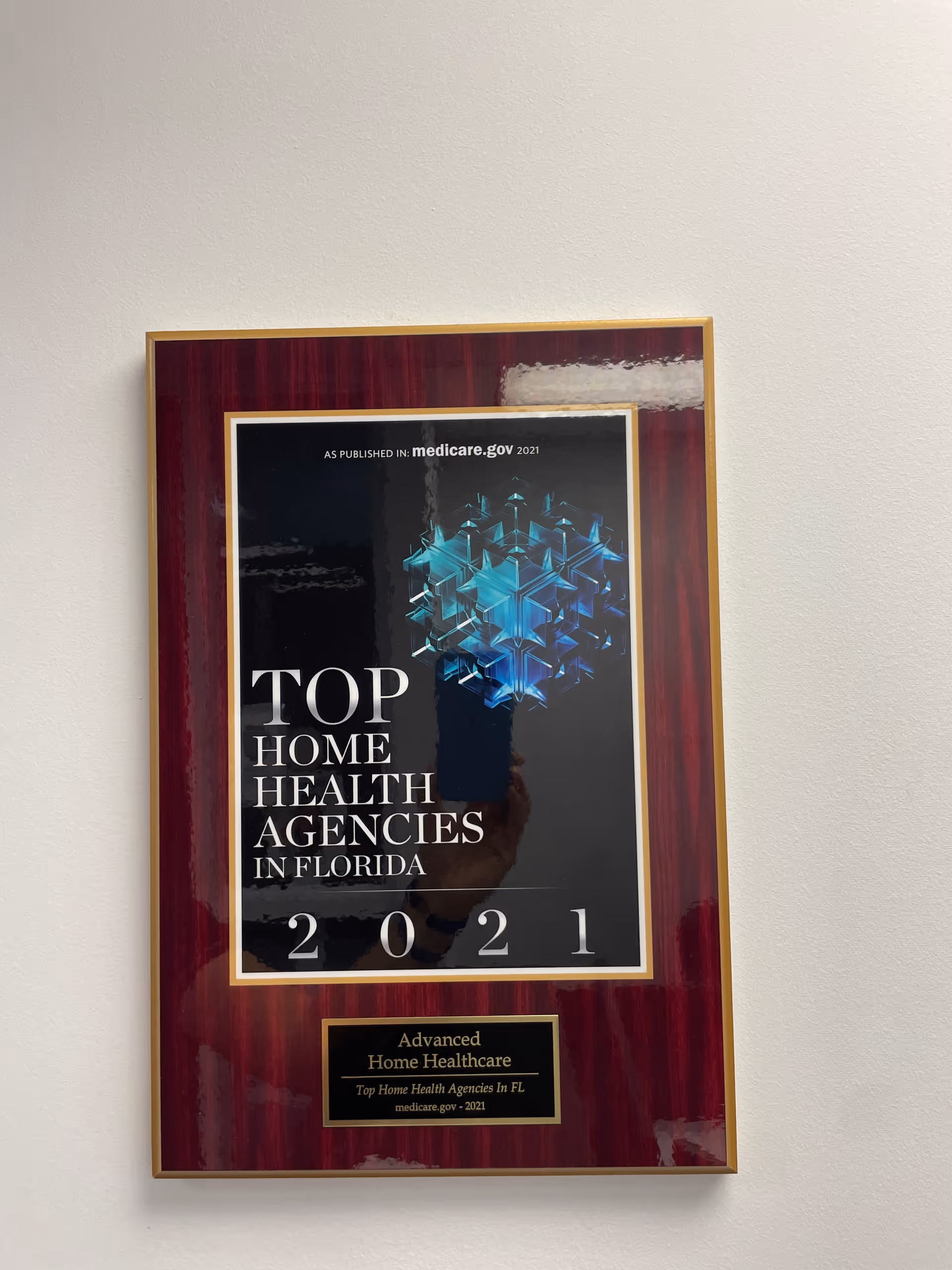 Framed award plaque on a wall displaying Top Home Health Agencies in Florida.