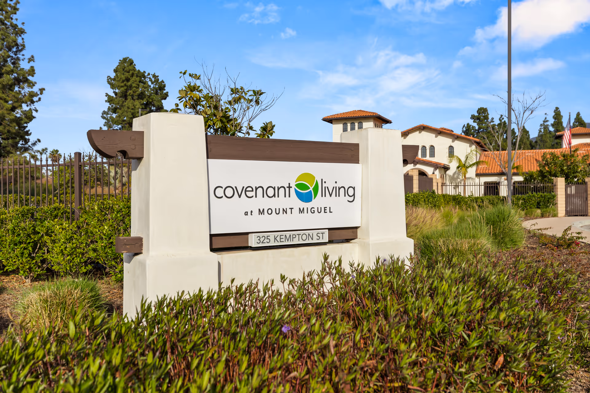 Covenant Living at Mount Miguel entrance sign with landscaping.