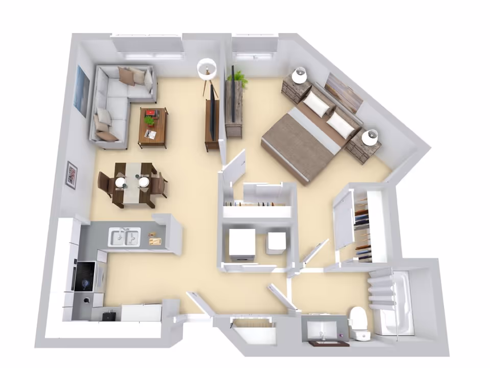 3D floor-plan rendering of a one-bedroom apartment showing a living room, dining area, kitchen, bedroom, bathroom, and closets.