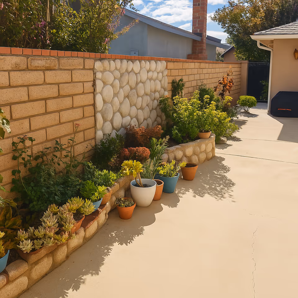 Outdoor walkway beside brick and stone wall with potted plants along path