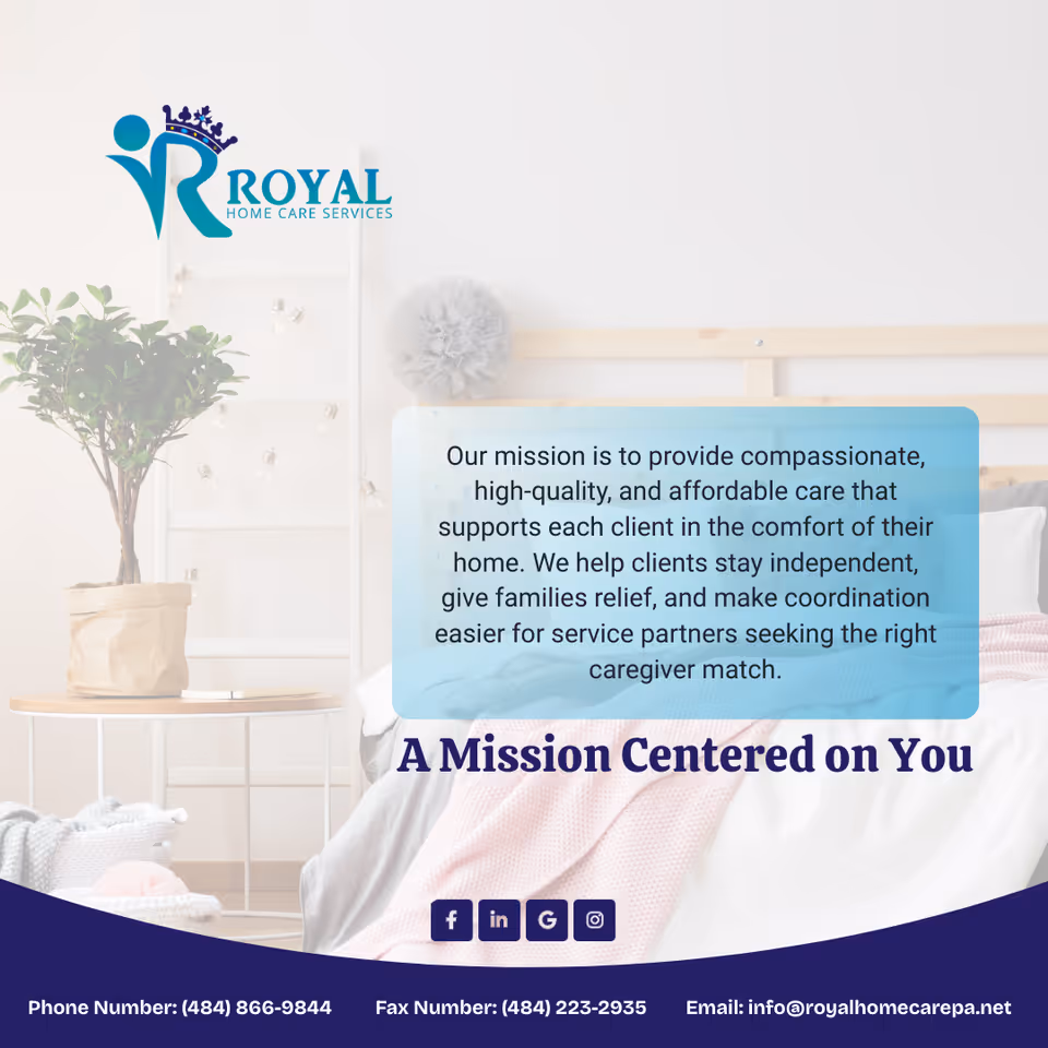 Bright bedroom with a bed, plant, and a Royal Home Care Services logo on the wall.