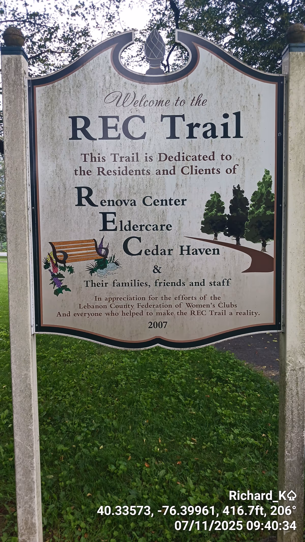 A large outdoor sign for the REC Trail at Cedar Haven Healthcare Center.