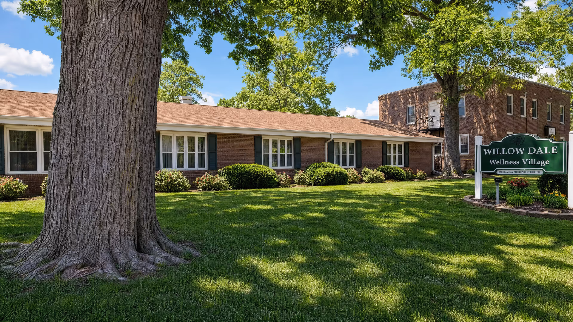 Exterior view of Willow Dale Wellness Village care center with brick building, trees, and green lawn.