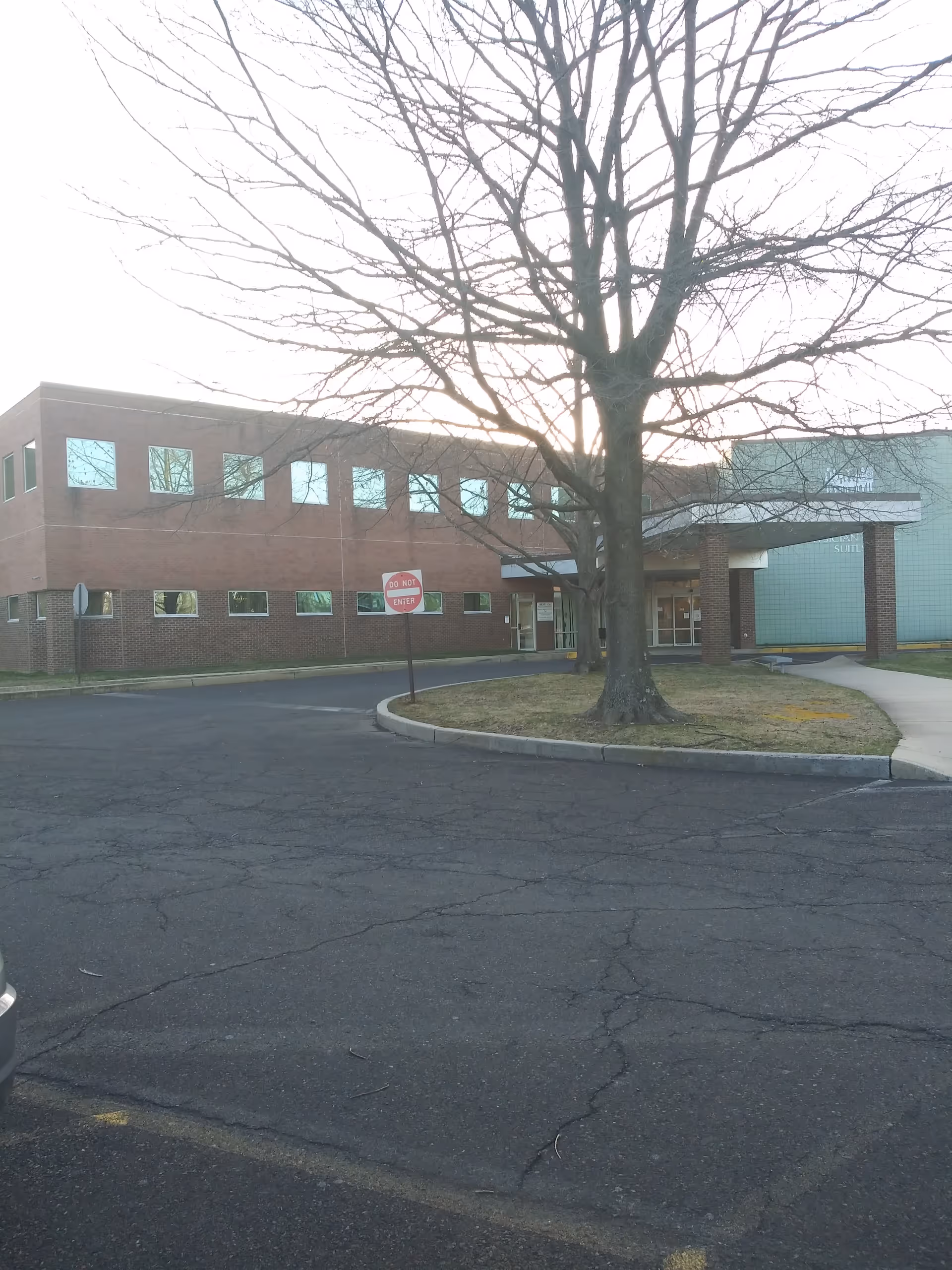 Exterior view of Lower Bucks Hospital with a large tree and parking lot