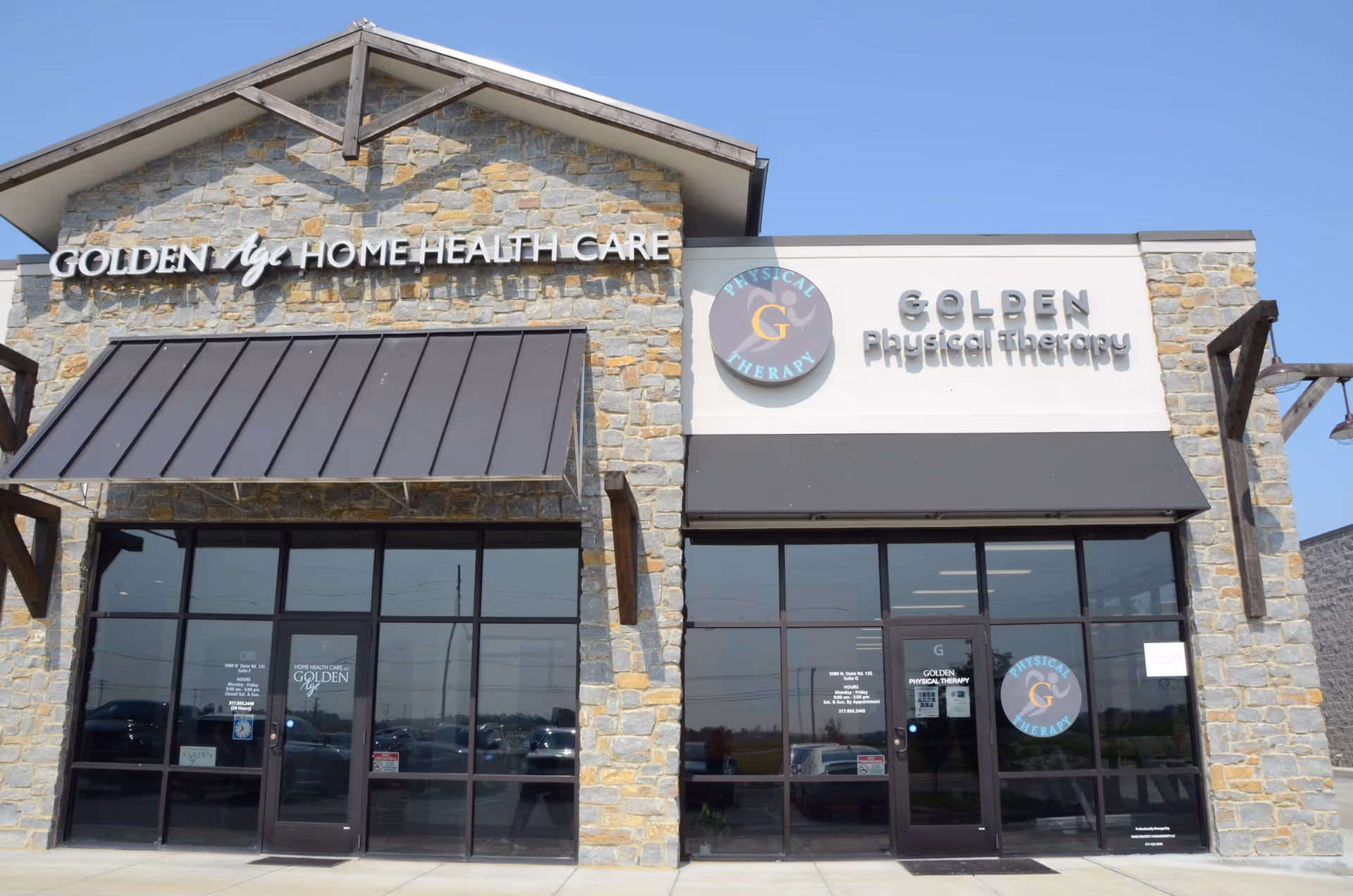 Stone facade building with glass doors, signage reads Golden Home Health Care and Golden Physical Therapy.