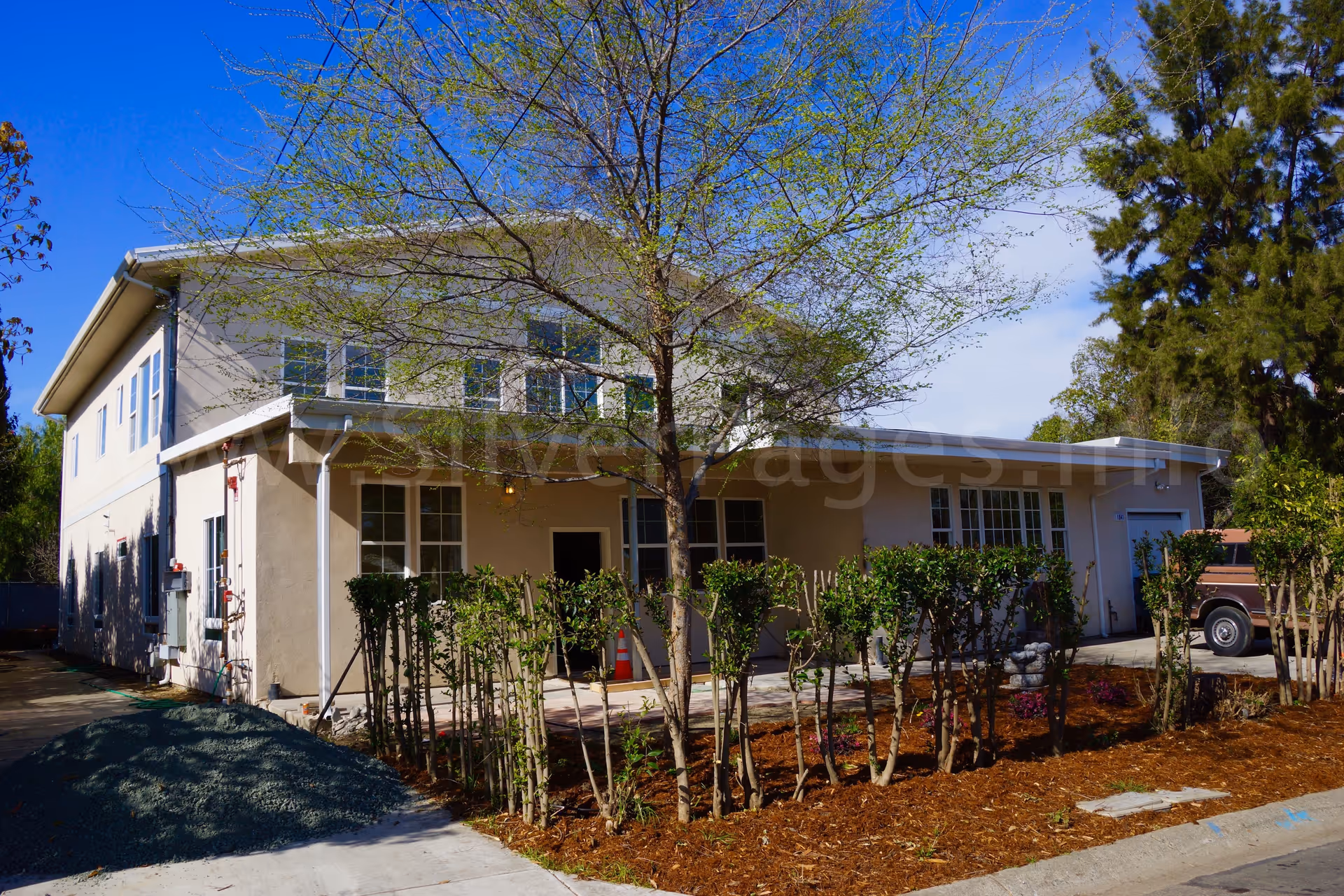 Two-story beige senior living facility exterior with a tree in front and a parked vehicle