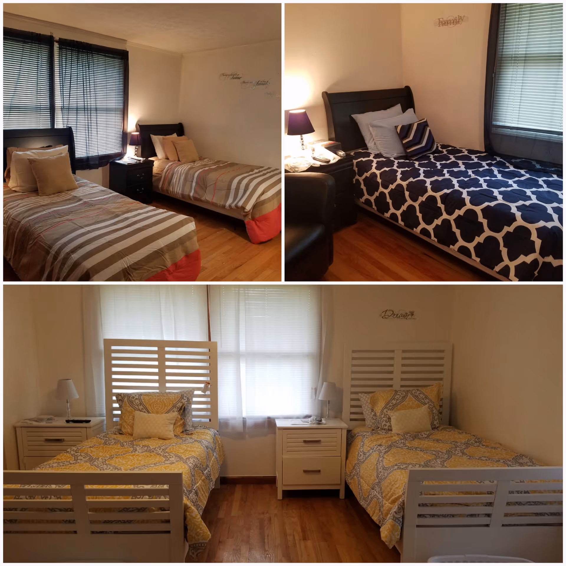 Collage of three images showing bedrooms in an assisted living facility. The first image shows two single beds with striped bedding and a nightstand with a lamp between them. The second image shows a single bed with dark patterned bedding, a nightstand with a lamp, and a chair. The third image shows two white beds with yellow and gray patterned bedding, separated by a white nightstand with a lamp, in front of a window with white curtains.