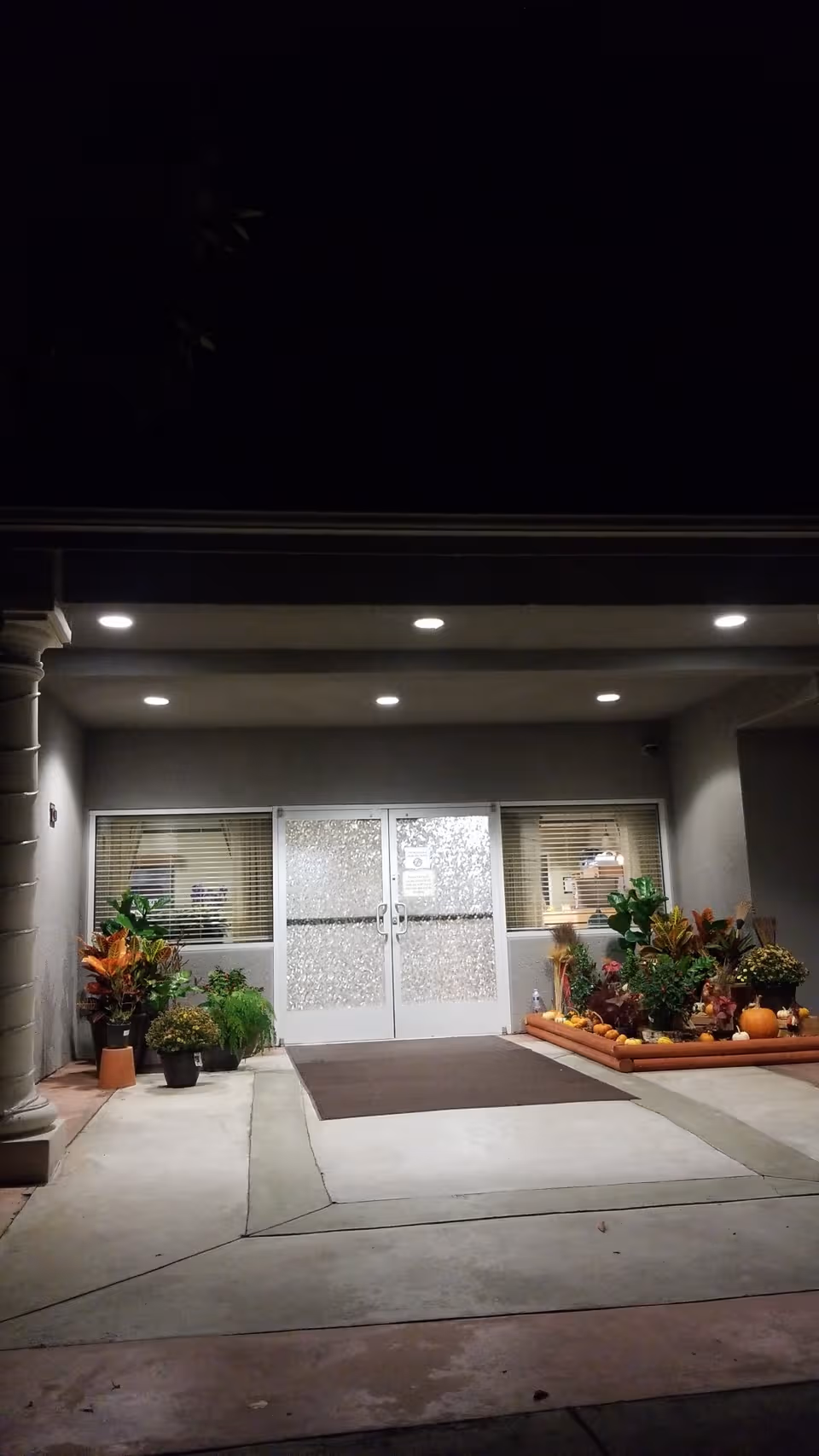 Night exterior of Stellar Care entrance with glass doors, welcoming mats, lights, and potted plants.