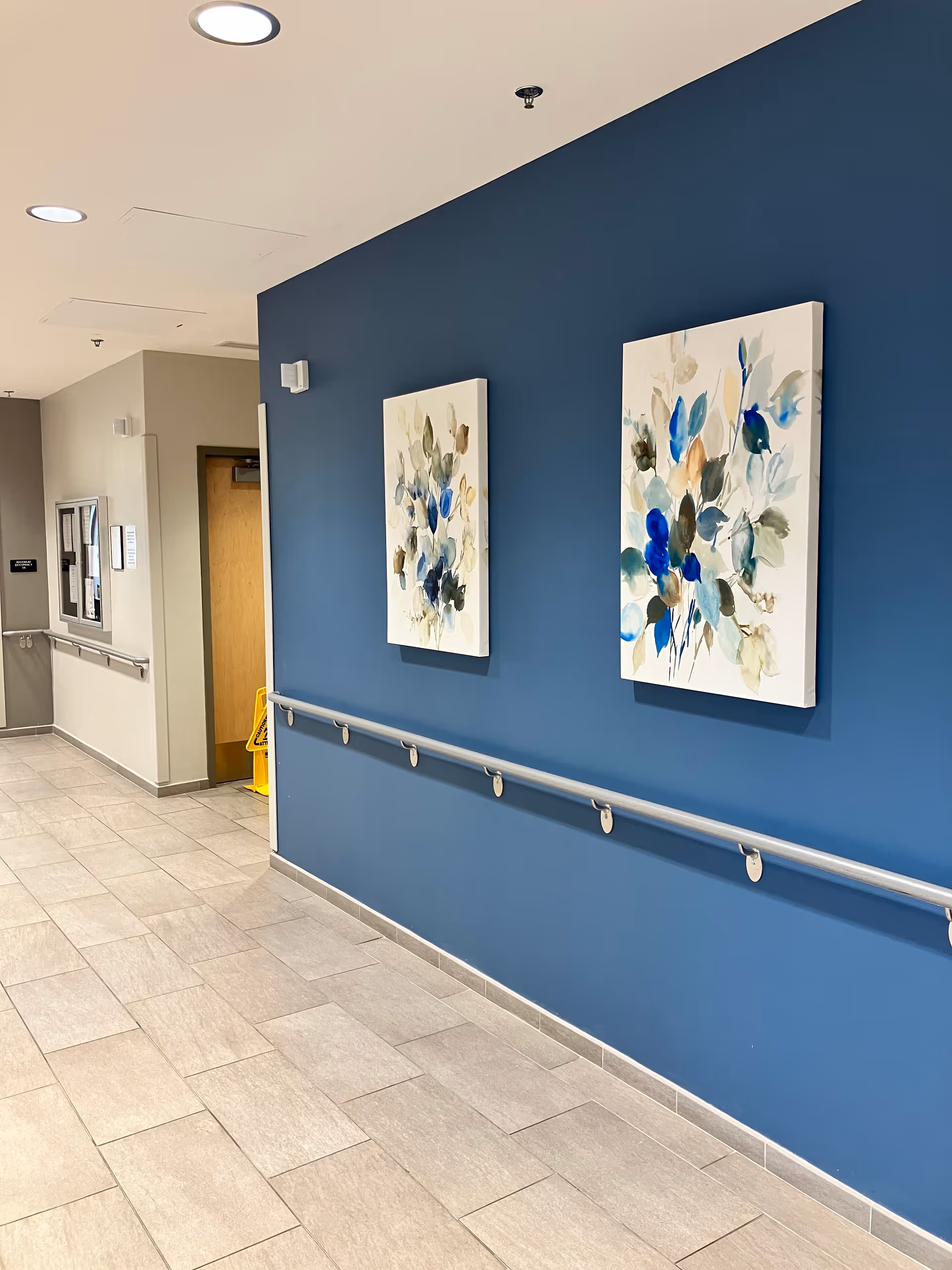 Indoor hallway with blue wall, two paintings, and a mounted handrail.