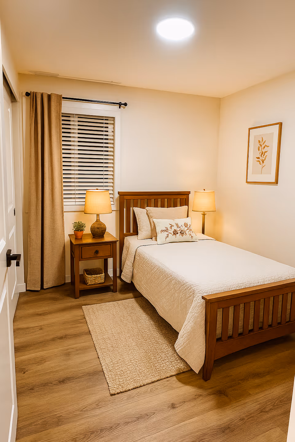 Cozy bedroom with wooden bed frame, two nightstands, lamps, and neutral decor.
